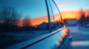 A car is reflected in the window of a car at sunset photo