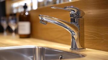 A modern kitchen sink with a faucet and wine glasses photo