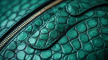 A close up of a green leather bag photo