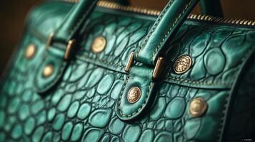A close up of a green leather bag photo