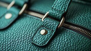 Close up of a green leather bag with gold zippers photo