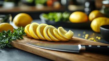 A knife and a lemon on a cutting board photo