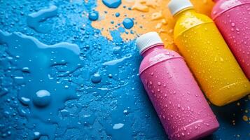 Three colorful plastic bottles with water drops on them photo
