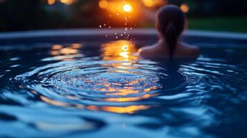 A woman is in a pool with the sun setting behind her photo