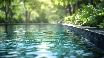 A pool in the middle of a lush green garden photo