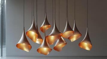 A large group of hanging lamps with different colors photo