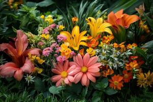 A bunch of colorful flowers are in the grass photo