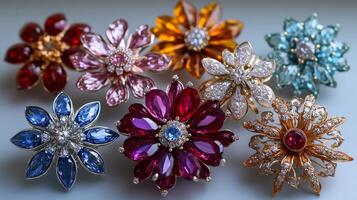 A group of colorful flower brooches photo