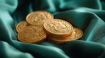 Gold coins on a green cloth photo