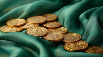 Gold coins on a green silk cloth photo