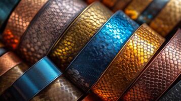 A close up of a row of colorful metal bands photo