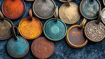 A collection of metal keychains with different colors photo