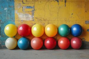 A row of colorful balloons against a yellow wall photo