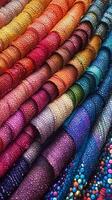 A pile of colorful fabric with beads on it photo