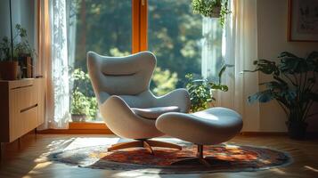 A chair and ottoman in front of a window photo