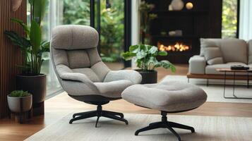 A modern living room with a chair and ottoman photo