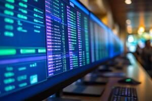 Stock market trading screens in a trading room photo