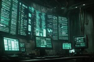 A computer room with green screens and computers photo