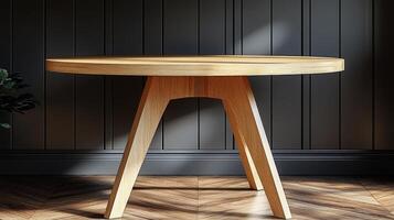 A wooden table with a round top and two legs photo