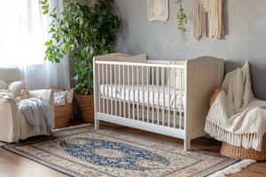 A baby's room with a crib, chair and rug photo