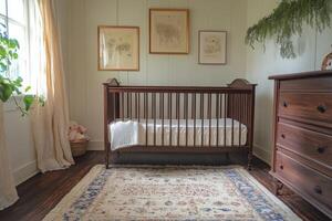 A baby's room with a wooden crib, a dresser and a rug photo