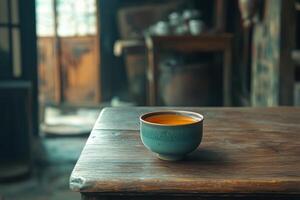 A cup of tea sits on a table in front of a window photo