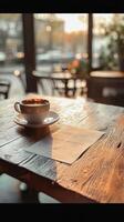 Coffee cup on wooden table with paper photo