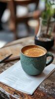 Coffee cup on a table with a paper and a book photo