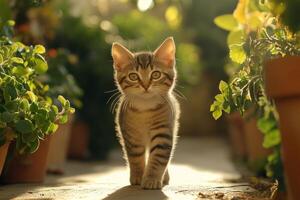 A kitten walking through a garden with plants photo