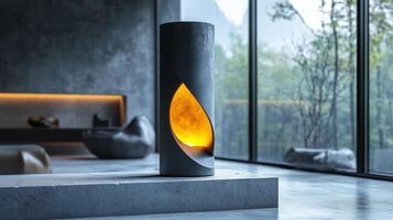 A modern fireplace with a flame on it photo