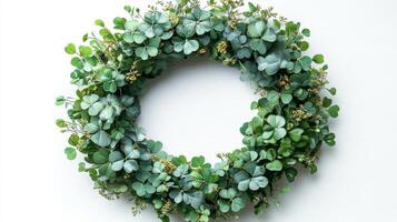 A wreath made of eucalyptus leaves on a white wall photo