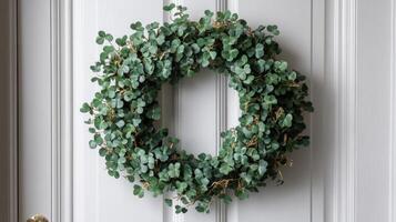 A wreath of green leaves hanging on a white door photo