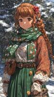 A girl in a winter outfit standing in the snow photo