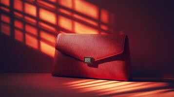 A red purse sitting on a table in front of a window photo