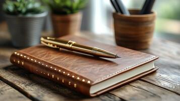 Pen and notebook on wooden table photo