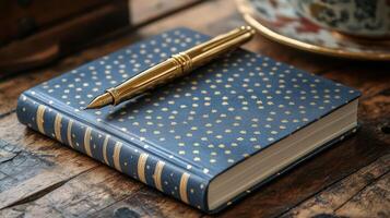 A pen and notebook on a wooden table photo