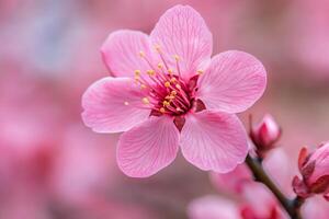 A pink flower is blooming on a tree photo