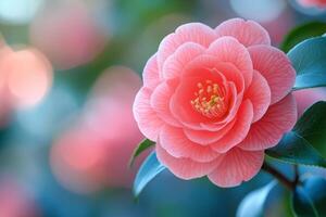 A pink flower with green leaves photo