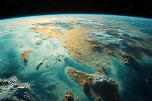 Earth from space, with the sun shining on the surface of the planet photo