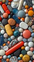 A variety of colorful pills and tablets are arranged in a pattern photo