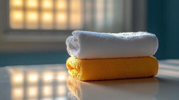 A stack of towels on a table in front of a window photo