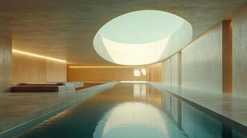 A long pool in a room with a circular window photo