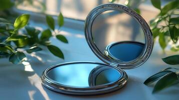A compact mirror with a plant in the background photo