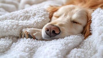 A dog sleeping on a white blanket photo