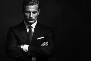A man in a suit and tie standing with his arms crossed photo