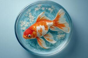 A goldfish is in a glass bowl on a blue background photo