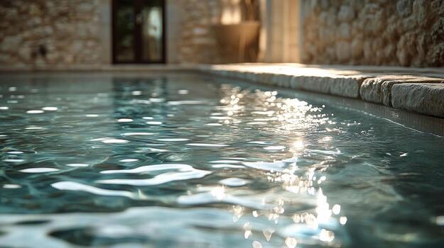 A pool with water and sunlight shining on it photo