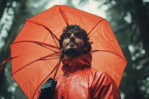 A man in a raincoat holding an umbrella photo