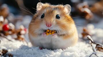 A hamster eating a nut in the snow photo