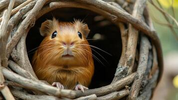 A guinea pig is peeking out of a nest photo
